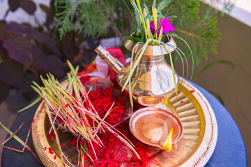 Tika Thali Dashain Hindu Festival Celebration Durga Puja with kalash, diya, vemillion rice, jamara