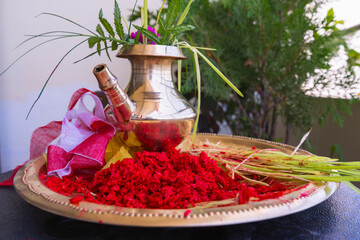 Tika Thali Dashain Hindu Festival Celebration Durga Puja with kalash, diya, vemillion rice, jamara