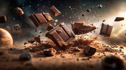 Sliced chocolate floating in space with cosmic elements, creating a surreal, delicious scene perfect for creative projects.