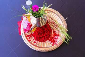 Tika Thali Dashain Hindu Festival Celebration Durga Puja with kalash, diya, vemillion rice, jamara