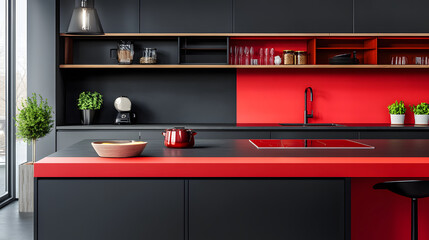 Bold black and red kitchen with modern design.