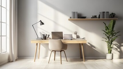 Modern workplace chairs wooden desk modern interior with a shelf and lamp. Minimal home office. Work space in home. Work from home 