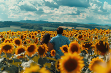 Obraz premium Young couple in love on a beautiful sunflower field