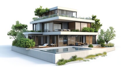 Fototapeta premium 3d rendering of modern house by the river at morning, house, luxury, villa, modern, architecture, building, exterior, residential, property, designer