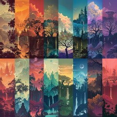 A collection of stunning fantasy landscapes featuring castles, mountains, and forests bathed in colorful twilight hues