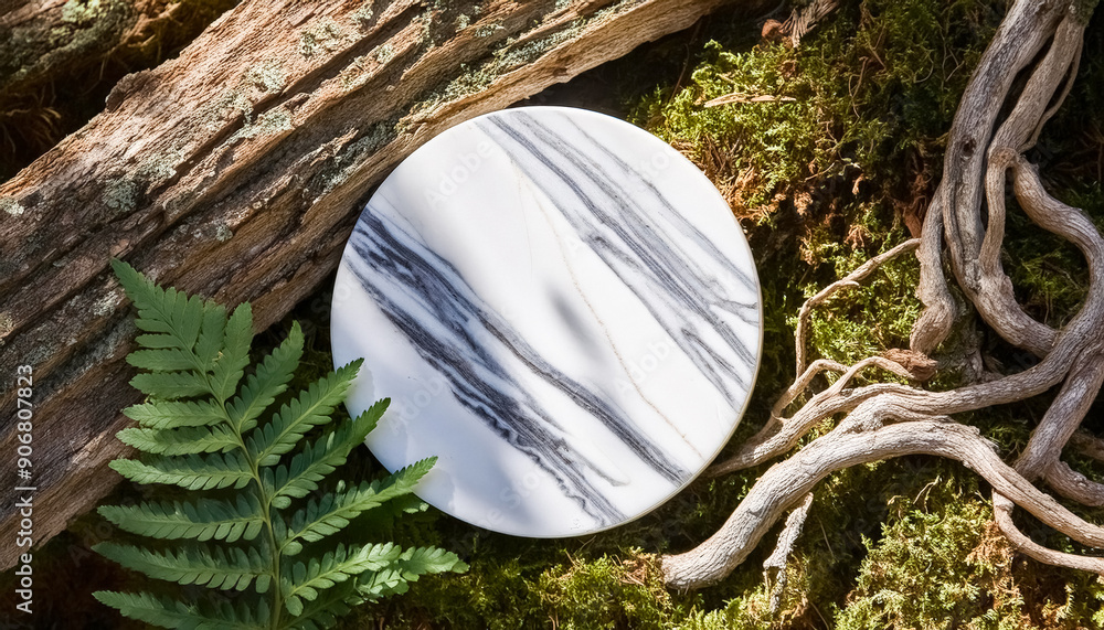 Poster White Marble Coaster on Moss and Wood Background