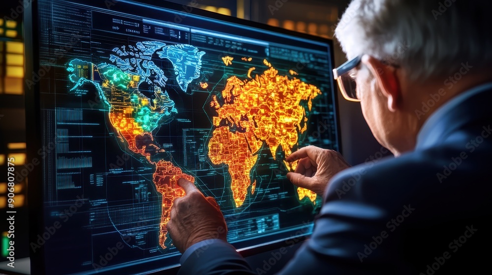 Poster a professional analyzing a detailed digital world map with vibrant colors on a screen, showcasing da