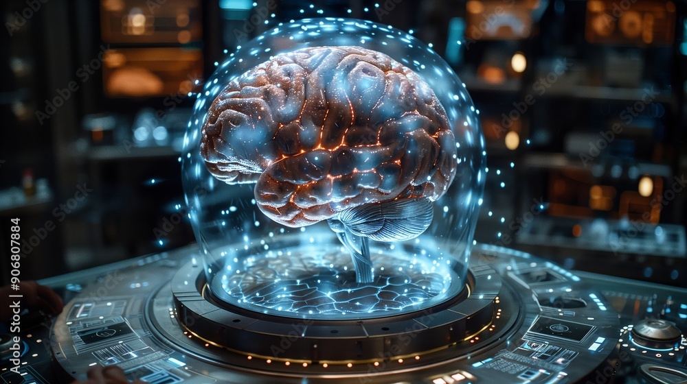 Poster the high-tech lab features a holographic representation of a brain, illuminated with intricate detai