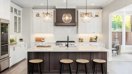 Elegant kitchen with white cabinets and pendant lights.