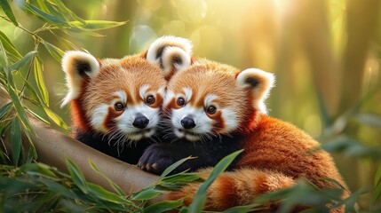 Obraz premium Two baby red pandas are cuddling on a tree branch. Scene is warm and affectionate
