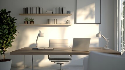 Modern workplace chairs wooden desk modern interior with a shelf and lamp. Minimal home office. Work space in home. Work from home 