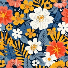 Seamless pattern with flowers and leaves on a dark blue background
