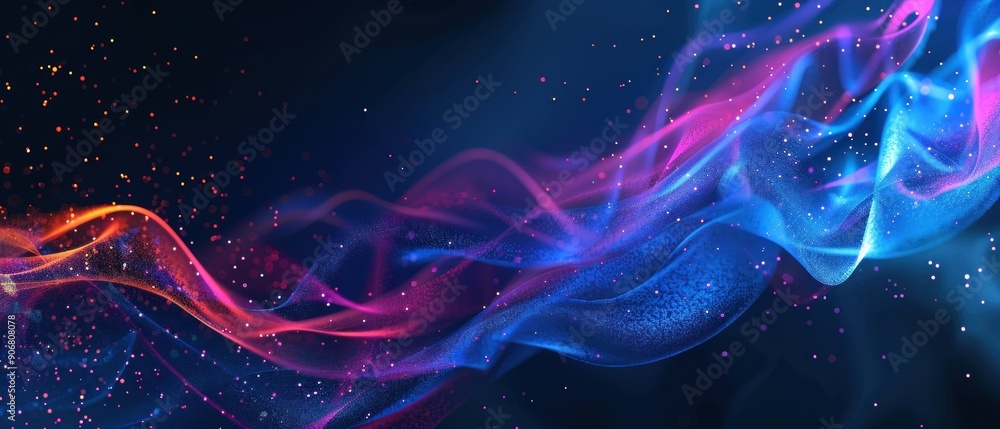 Poster digital wave motion on dark blue background with dynamic colorful particles