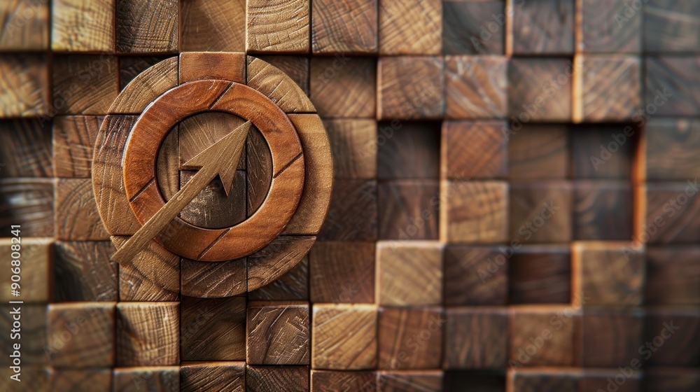 Poster a wooden block arrangement with an up arrow icon and a circle with a target icon. for the concept of