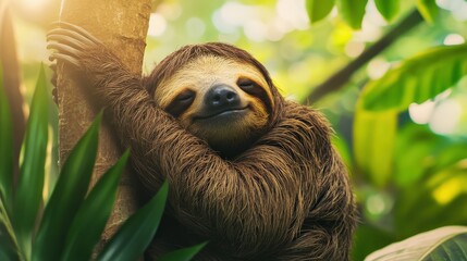 Fototapeta premium A brown and white sloth is hanging from a tree branch. The sloth is smiling and he is enjoying its time in the forest