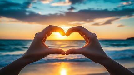 Heart Shape Hand Gesture: Two hands forming a heart shape with a sunset beach scene in the background.
