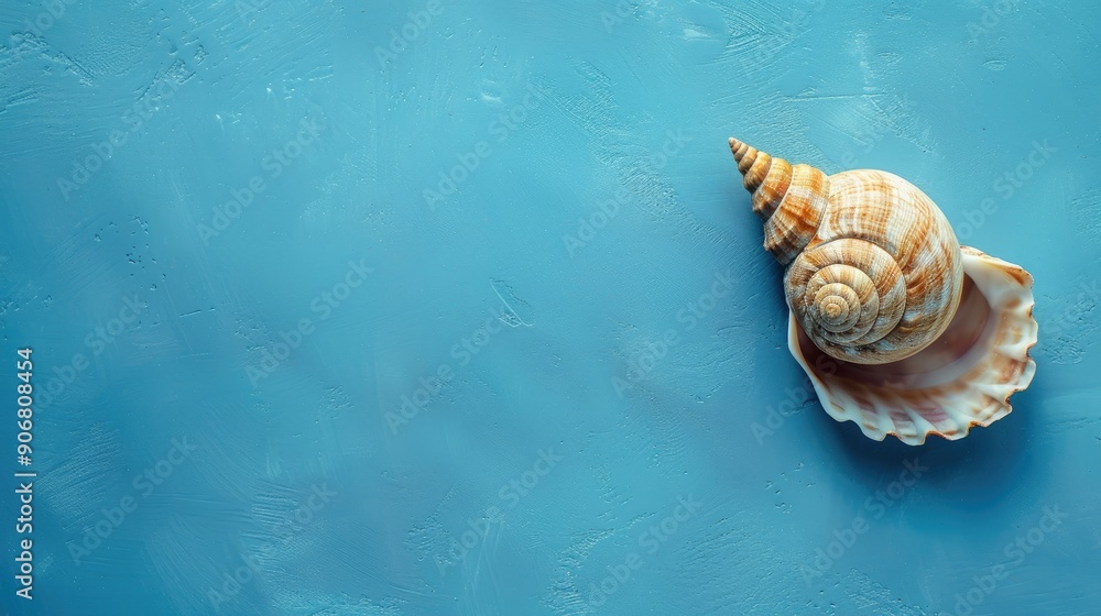 Poster seashell placed on blue surface with empty space on the left