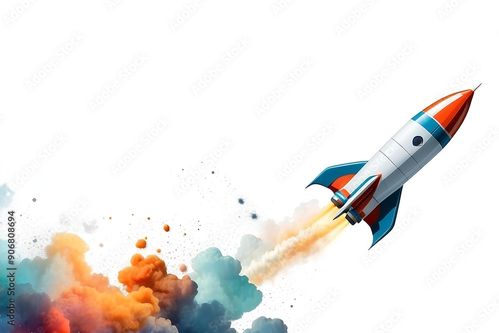 Poster artistic depiction of a space rocket launching into the sky, surrounded by dynamic splashes of color