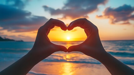 Heart Shape Hand Gesture: Two hands forming a heart shape with a sunset beach scene in the background.
