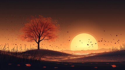 Obraz premium Autumn Sunset with Silhouette Tree and Falling Leaves