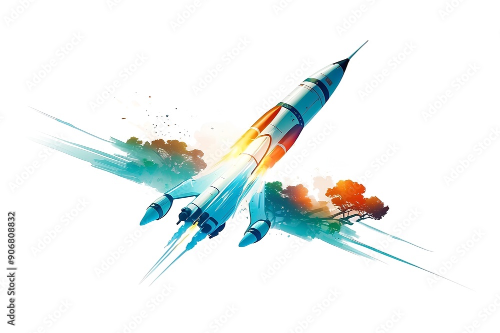 Poster abstract rocket launching through vibrant and colorful splashes of paint, creating a dynamic and ene