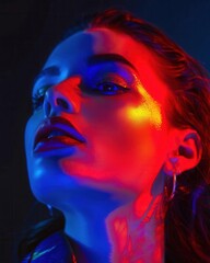Fototapeta premium Fashion model poses with amazing colored gel lights. Outstanding and lively Great for social media and advertising Isolated dark background