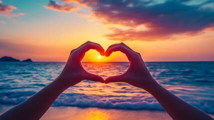 Heart Shape Hand Gesture: Two hands forming a heart shape with a sunset beach scene in the background.
