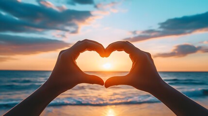 Heart Shape Hand Gesture: Two hands forming a heart shape with a sunset beach scene in the background.
