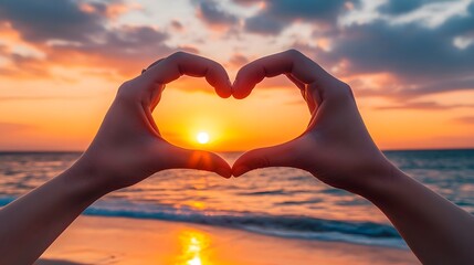 Heart Shape Hand Gesture: Two hands forming a heart shape with a sunset beach scene in the background.
