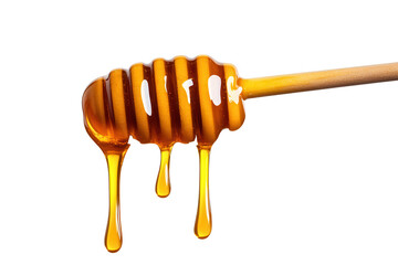 A close-up of honey dripping from a wooden dipper, showcasing its rich color and viscous texture, perfect for culinary themes.