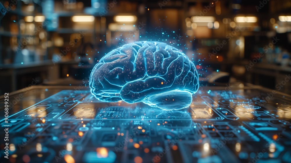 Poster high-tech lab showcases a holographic brain illuminated above a digital interface, blending science 