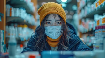 Obraz premium Woman in Pharmacy with Mask and Hat. Woman wearing a mask and hat in a pharmacy, representing health consciousness and the current health precautions in place.