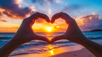 Heart Shape Hand Gesture: Two hands forming a heart shape with a sunset beach scene in the background.

