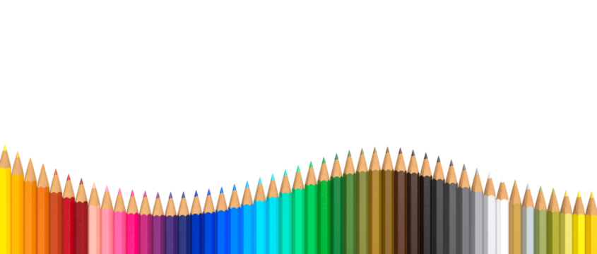 Colorful pencils in wavy pattern on transparent background