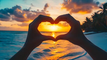 Heart Shape Hand Gesture: Two hands forming a heart shape with a sunset beach scene in the background.
