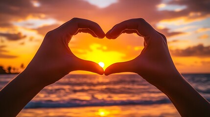 Heart Shape Hand Gesture: Two hands forming a heart shape with a sunset beach scene in the background.
