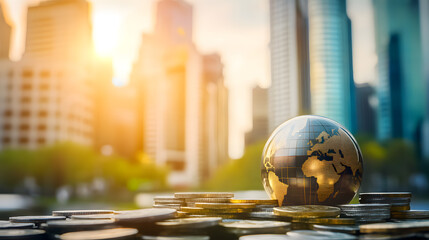 Miniature globe on stacked coins in cityscape background