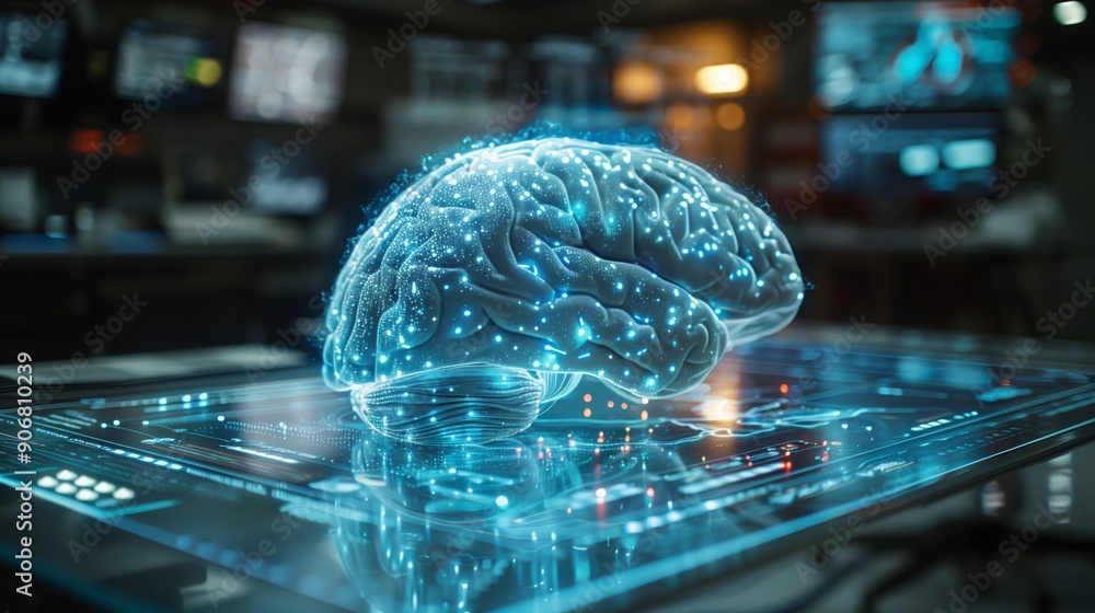 Poster a glowing holographic brain is displayed in a high-tech lab, showcasing advanced technology and rese