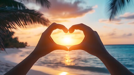 Heart Shape Hand Gesture: Two hands forming a heart shape with a sunset beach scene in the background.
