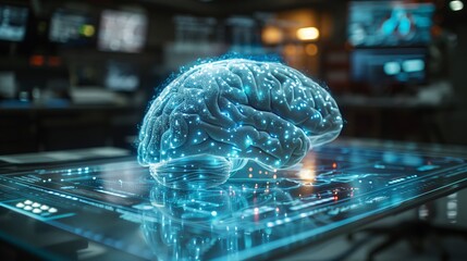A glowing holographic brain is displayed in a high-tech lab, showcasing advanced technology and research activities in real-time.