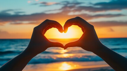 Heart Shape Hand Gesture: Two hands forming a heart shape with a sunset beach scene in the background.
