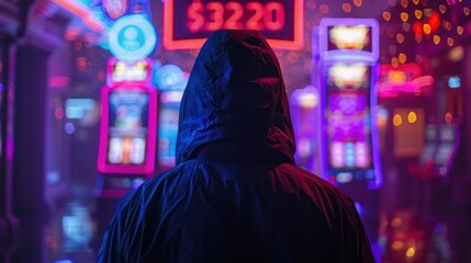 Obraz premium A hooded figure stands in front of vibrant neon slot machines, immersed in the electric ambiance of a gaming arcade.