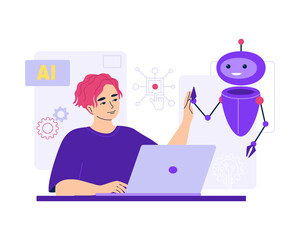 Artificial intelligence robot help man in work on laptop. Virtual assistant, customer service bot, smart online client support. Emploee using AI-powered search, content creation, Vector illustration.