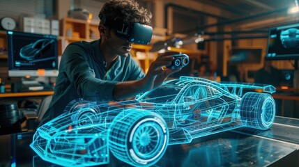 A young designer uses virtual reality to create a detailed holographic car model in a modern workspace.