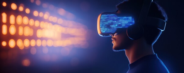A young man explores virtual reality with a cutting-edge headset, immersed in a colorful digital landscape.
