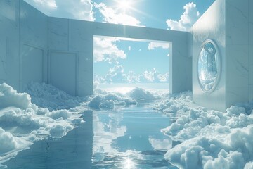 A luxurious modern bathroom with an open-air design, featuring sky-high views, reflected water surfaces, and billowing white clouds, creating a heavenly ambiance