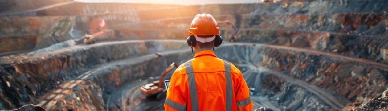 A worker in safety gear observes the mining site, showcasing the importance of safety in excavation and construction environments.