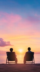 Obraz premium Two people relax on beach chairs, enjoying a stunning sunset over the ocean, creating a serene atmosphere.
