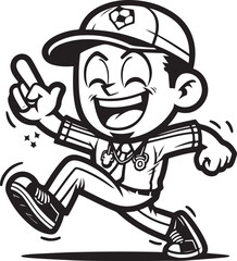 A man running funny comic Cartoon character black and white line art silhouette on white background