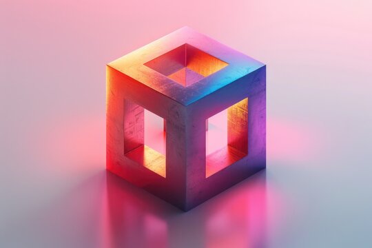 A colorful abstract geometric cube with glowing openings, showcasing a blend of vibrant hues and textures, casting mesmerizing light patterns on a gradient background